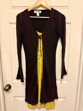 90's Black Ribbed Cardigan Dress w Tie